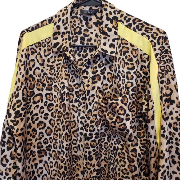Topshop Leopard Animal Print Long Sleeve Shirt Women's SZ 6 Button Up Yellow Lin - Picture 3 of 7
